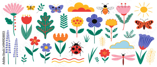 Vector set of summer garden flowers and insects isolated on white background. Cottage backyard garden flower landscape illustration in flat style. vector icon
