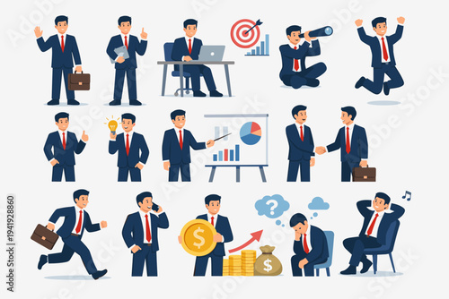 Flat Vector Illustration Set of a Businessman Character in Various Poses and Professional Situations Including Working at a Desk, Giving a Presentation, Shaking Hands, Jumping for Joy, and Relaxing