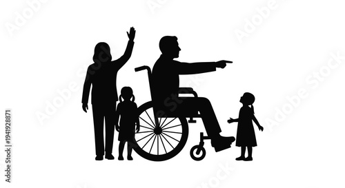 A family including a person in a wheelchair depicted in a striking black silhouette high quality