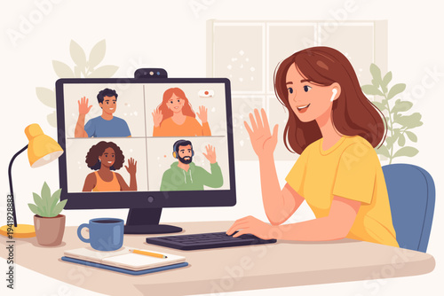 Young woman using computer for video conference with friends or colleagues, waving at screen during online meeting at home office desk, remote work and virtual communication concept vector.