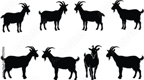 Goat silhouettes collection, farm animal vector icons, black livestock livestock shapes, isolated nature wildlife elements