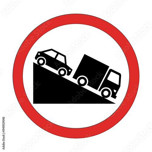 Road sign warning of vehicles sliding down a steep slope ahead