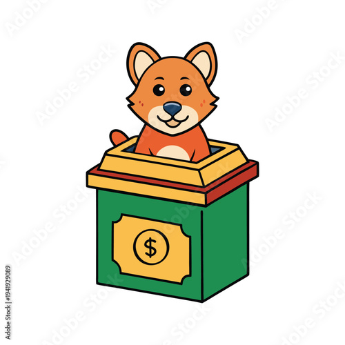 Cute puppy inside green donation box with dollar sign currency symbol