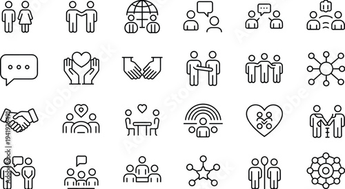 community, people, icons, communication, teamwork, network, relationship, social, support, partnership, collaboration, connection, group, rsation, outline, isolated, vector, set, illustration