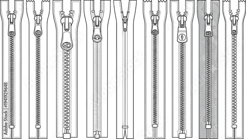 Zipper types illustration vector fashion garment accessory design graphics, textile manufacturing concept, black and white creative art collection