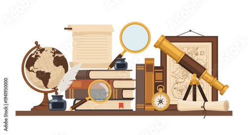 Vintage exploration desk with globe, telescope, and books in flat design