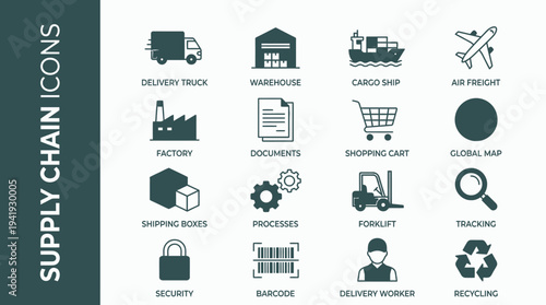 Supply Chain Icons Set for Logistics and Transportation.