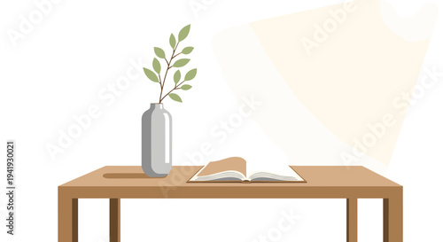 Minimalist interior design with open book and modern vase on wooden table
