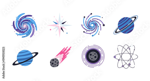 Colorful cosmic elements: stars, planets, and atoms in modern design
