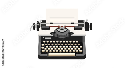 Vintage typewriter with paper sheet on white background