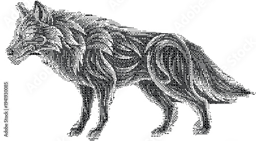 Majestic wolf head portrait in a misty coniferous forest at sunrise or sunset