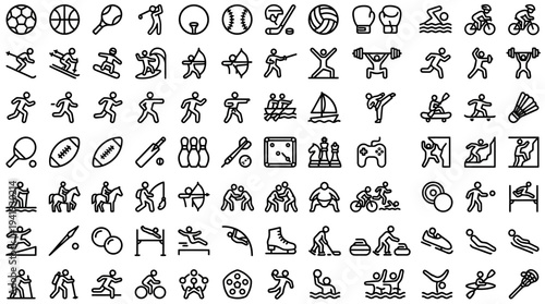 Collection of various black and white sports icons and symbols.