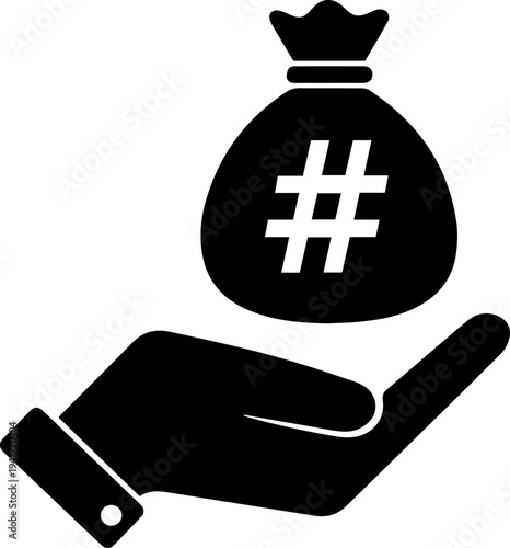 Hand holding money bag with hashtag symbol for finance and social media
