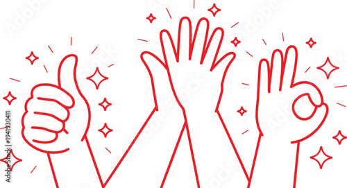 Hand gesture icons set with thumbs up, raised hands, and OK sign, minimalist red line art vector illustration, approval concept