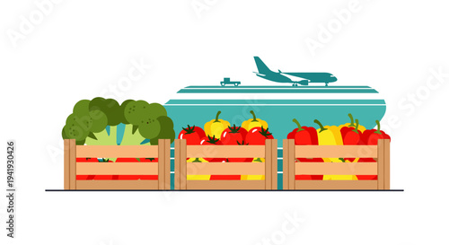 Airplane silhouette merging with fresh vegetables crate: global food transport concept