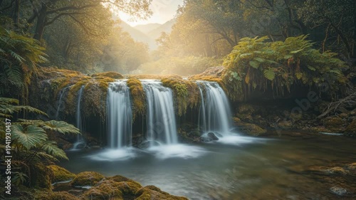 Serene Waterfall Flowing Through Lush Forest Landscape at Sunrise.