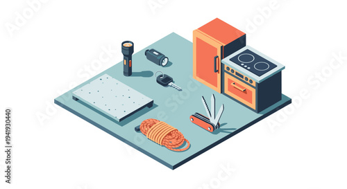 Isometric camping essentials: exploring outdoor gear and survival tools