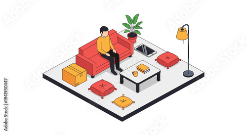 Cozy isometric living room scene with modern furniture and warm decor