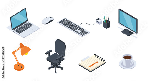 Isometric office workspace essentials with laptop, monitor, and desk accessories