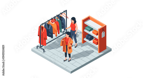 Isometric clothing store scene with shoppers browsing coats and shelves