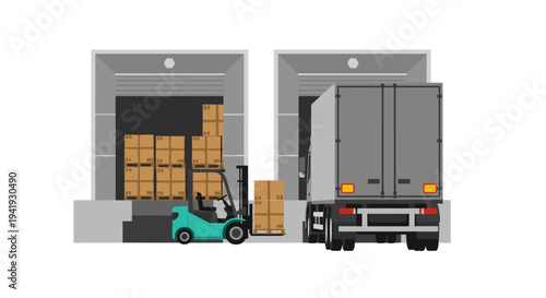 Loading dock scene with truck and forklift unloading cargo boxes