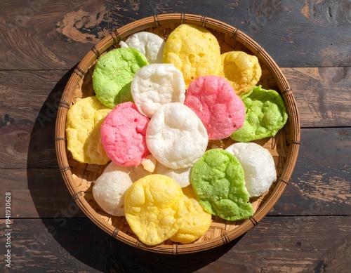 Assorted Traditional Indonesian Crackers Krupuk, Colorful Crispy Asian Snack Collection