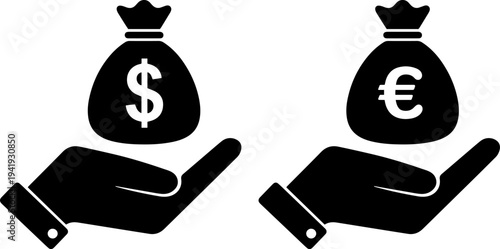 Hands holding dollar and euro money bags for finance concepts