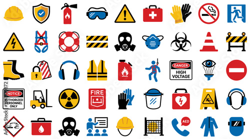 Collection of safety and warning icons in various colors and shapes.