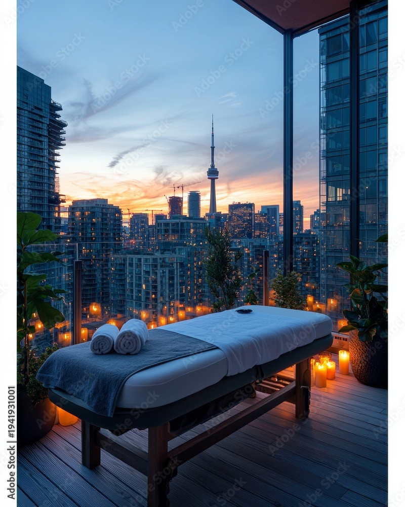 custom made wallpaper toronto digitalView of a spa setting with a massage table and city skyline at sunset in Toronto with buildings and lights