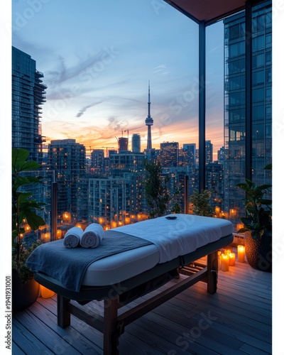 Wallpaper Mural View of a spa setting with a massage table and city skyline at sunset in Toronto with buildings and lights Torontodigital.ca
