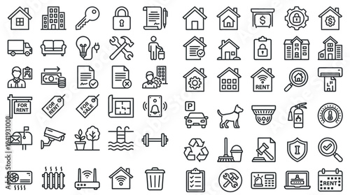 Collection of simple line icons representing various concepts and objects.