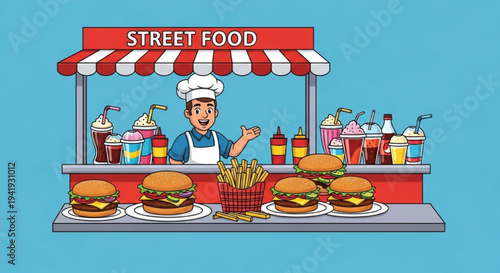 Street food vendor serving burgers fries and drinks on a sunny day outdoors