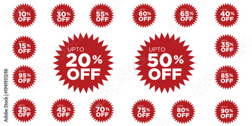 Festive Red Sale Sticker Pack with Jagged Edge Star Shapes and Bold Discount Numbers for Social Media Marketing