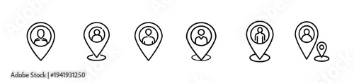 Location pin and user outline icon set featuring person map point and employee position for business navigation and member address and more vector illustration or editable stroke