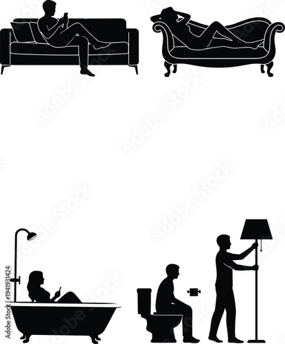 Black silhouette collection of people relaxing on sofa at home, woman in bathtub using phone, man on toilet, and person adjusting floor lamp.