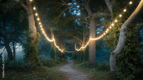 Enchanted forest path lit by warm string lights amidst lush greenery
