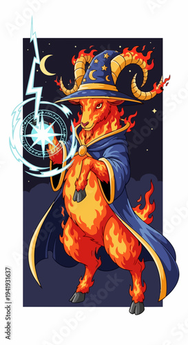 Fire goat wizard casting magic spell, glowing orb, lightning, celestial background. Mystical creature with wizard hat, fiery fur, powerful fire goat. Design fire goat for 2027 year symbol, astrology,