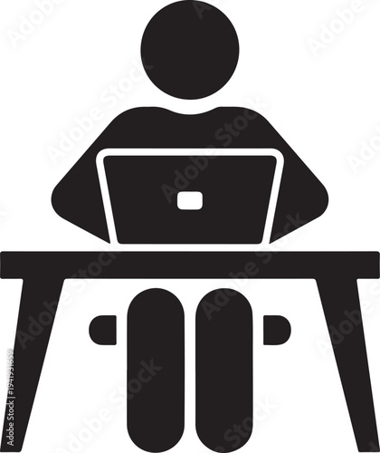 Office worker vector icon isolated on white background. Working place at the table with a laptop. Flat work computer icon