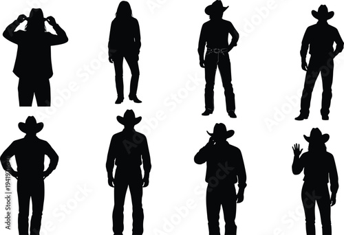Cowboy silhouette collection with hats and gestures, western culture, standing poses, body language, tradition, lifestyle, rural heritage, expressive art, iconic illustration