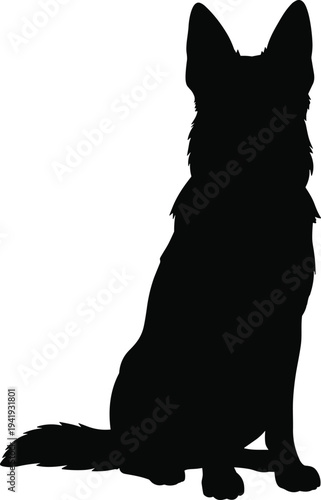 Dog silhouette sitting upright, German Shepherd posture, pet concept, loyalty, guard dog, animal design, domestic companion, security, obedience, canine illustration