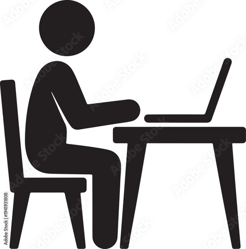 Office worker vector icon isolated on white background. Working place at the table with a laptop. Flat work computer icon