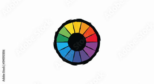 A rough-edged color wheel displays a spectrum of hues against a white backdrop