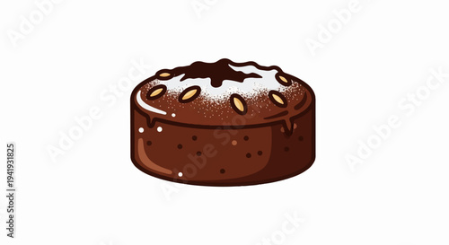 A round chocolate cake topped with powdered sugar and nuts