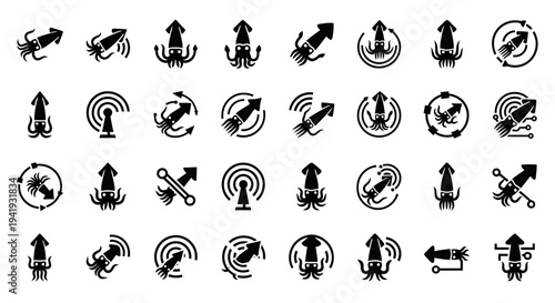 Collection of black icons depicting various actions and objects on a white background viewed from a straightforward perspective