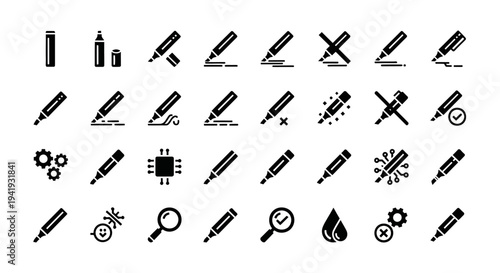 A collection of various black icons representing tools and objects on a white background viewed from a straightforward perspective