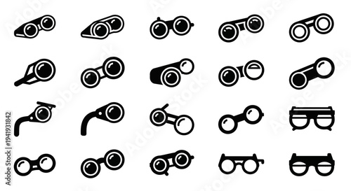 Collection of diverse eyewear icons displayed in a grid layout on a clean white background from a straightforward viewpoint.
