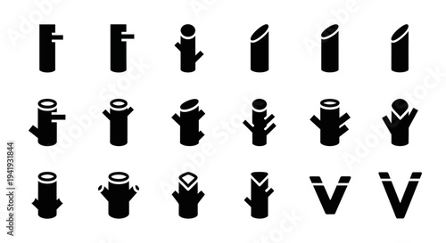 Collection of black silhouettes of various pipes and valves on a white background viewed from a straightforward perspective