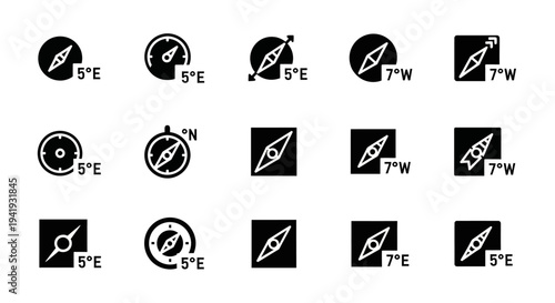 Collection of compass icons in various designs and orientations displayed on a clean white background from a straightforward viewpoint