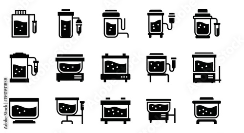 Collection of coffee machines icons in various designs and styles on a clean background