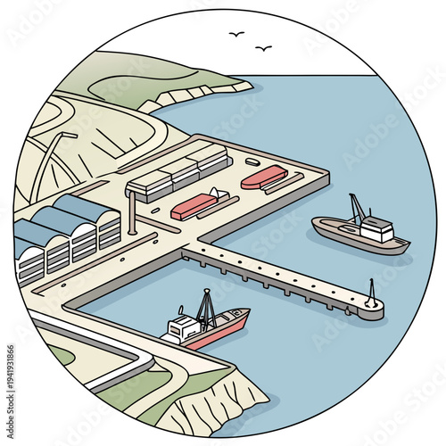 Harbor with cargo ships and dock boats pier cartoon
